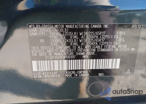 2012 Toyota Rav4 from USA, damaged, VIN 2T3ZF4DV9CW106997